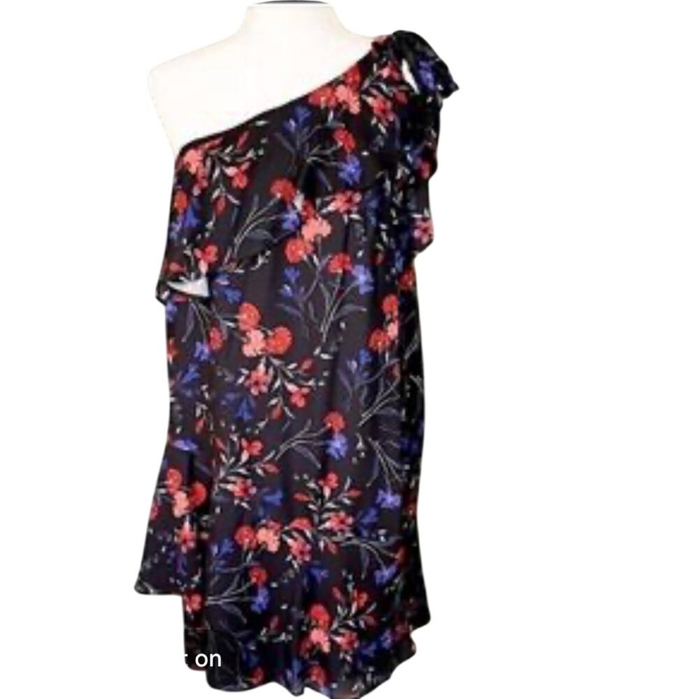 Parker Black Floral One Shoulder Mini Dress Split Tie Neck - Size: XS